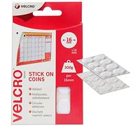 VELCRO Brand Stick On Coins Double Sided Hook & Loop Self Adhesive Sticky Coins Perfect for Room Décor & Home, Office, Garage Use White 16mm x 16mm Set of 16