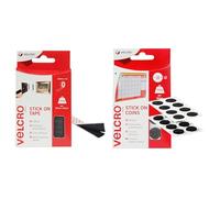 VELCRO® Brand | Stick On Tape | Cut-to-Length Strong Hook & Loop Self Adhesive Sticky Tape | Black | 20mm x 1m + VELCRO Brand | Self Adhesive Stick On Coins | Black | 16mm x 16mm | Pack of 16