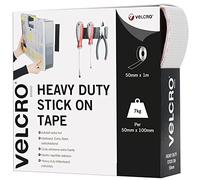 VELCRO Brand, Heavy Duty Stick On Tape, Cut-to-Length Industrial Extra Strong Double Sided Hook & Loop Self Adhesive Tape Perfect for Room Décor & Home, Office, Garage Use, White, 50mm x 1m