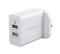 Veld 30W Super Fast 2 Port Dual USB Wall Charger, UK Mains Plug, QC 3.0, Samsung S10/S9/S8/S7/S20, iPhone 12/11/11 pro/Xs/XR/X/8/7/6/6S, AirPods, Tablets, Qi Pads