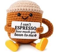 VELENTI Crochet Coffee Cup Plush - “I Can’t Espresso How Much You Bean to Me” -Handmade Gift for Coffee Lovers - Cute Yarn Toy for Friends & Baristas