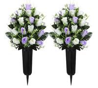 Velibobo 2 Sets Artificial Cemetery Flowers, Grave Decorations Roses, Memorial Flowers Bouquet with Vase for Cemetery Graveyard Headstone Decorations (Light Purple-White)