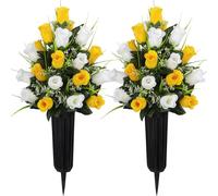 Velibobo 2 Sets Artificial Cemetery Flowers, Grave Decorations Roses, Memorial Flowers Bouquet with Vase for Cemetery Graveyard Headstone Decorations (Yellow-White)