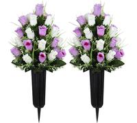 Velibobo 2 Sets Artificial Cemetery Flowers, Grave Decorations Roses, Memorial Flowers Bouquet with Vase for Cemetery Graveyard Headstone Decorations (Purple Pink-White)