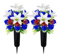 Velibobo Artificial Cemetery Flowers with Vase, Set of 2 Rose Lily Bouquet Graveside Decoration, Artificial Memorial Flowers for Easter Mother's Day Arrangements
