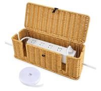 Velicber Rattan Cable Management Box Large Cable Tidy Boxs with Lid | Cord Hider Organizer Box, With 5M Adhesive Cable Ties, 4 Open Slots Design, for TV Wires, Computer, USB Hub, Power Strip
