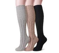 Velice Fuzzy Socks for Women 3 Pairs Knee High Fluffy Soft Warm Stocking Cozy Slipper Plush Winter Long Christmas Socks, Black/Brown, One Size