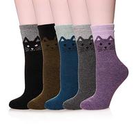 Velice Wool Socks for Women Merino Wool Boot Hiking Thick Thermal Warm Socks Winter Crew Cushion Cozy Work Socks 5 Pairs, Black/Brown/Blue/Gray/Purple, One size
