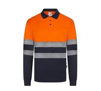 VELILLA 305535; Recycled Polyester Polo Bicolor Long Sleeve Segmented Tape; Navy Blue and Fluorescent Orange; Size XL, Navy Blue and Fluorescent Orange, XL