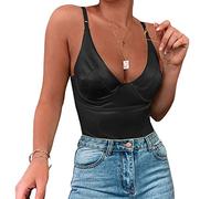 Velius Women's Sexy Deep V Neck Shiny Thong Bodysuit Tank Tops with Underwire(Black, X-Large)