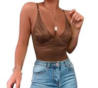 Velius Women's Sexy Deep V Neck Shiny Thong Bodysuit Tank Tops with Underwire (Brown, Large)