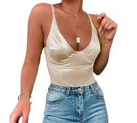 Velius Women's Sexy Deep V Neck Shiny Thong Bodysuit Tank Tops with Underwire (Champagne, Small)