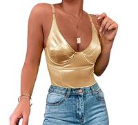 Velius Women's Sexy Deep V Neck Shiny Thong Bodysuit Tank Tops with Underwire(Gold, Large)