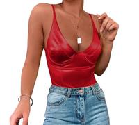 Velius Women's Sexy Deep V Neck Shiny Thong Bodysuit Tank Tops with Underwire (Red, Small)