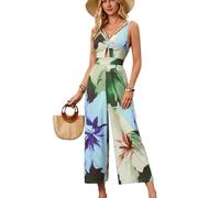 Velius Women's V Neck Keyhole Elegant Backless Tropical Floral Print Wide Leg Jumpsuit(Blue,Medium)