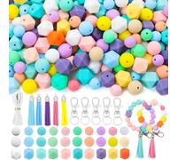 Vellibring 121 PCS Silicone Beads for Keychain Making Kit,12mm 15mm Round 14mm Polygonal Rubber Beads Candy Color Bulk Silicone Loose Beads for DIY Necklace Bracelet Jewelry Crafts Making Supplies