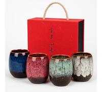 Vellichor Europe Set of 4 Kiln-Glazed Pottery Teacups in Lovely Gift Box. Seasonal Design Spring, Summer, Autumn, Winter 175ml Traditional Japanese & Chinese Style Ochoko Sake Cups