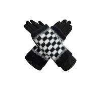 Vellin Women's 2 Piece -Plain Knit & Check Pattern Fingerless Overlay Gloves in Black
