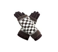 Vellin Women's 2 Piece -Plain Knit & Check Pattern Fingerless Overlay Gloves in Brown