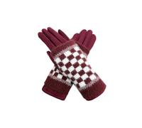 Vellin Women's 2 Piece -Plain Knit & Check Pattern Fingerless Overlay Gloves in Maroon Vellin Maroon One Size