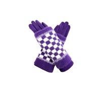 Vellin Women's 2 Piece -Plain Knit & Check Pattern Fingerless Overlay Gloves in Purple