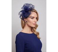 Vellin Women's Double Flower Gauze Feather Fascinator Headband in Navy