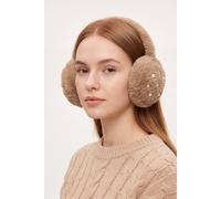 Vellin Women's Fluffy Earmuffs with Pearl Detail in Tan