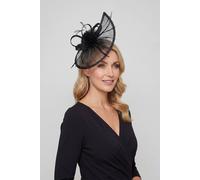 Vellin Women's Gauze Teardrop Bass Fascinator with Flower & Curled Feathers in Black