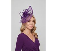 Vellin Women's Gauze Teardrop Bass Fascinator with Flower & Curled Feathers in Purple