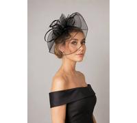 Vellin Women's Large Curly Sinamay Fascinator with Feather Flower in Black