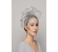 Vellin Women's Large Curly Sinamay Fascinator with Feather Flower in Light Grey