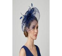 Vellin Women's Large Curly Sinamay Fascinator with Feather Flower in Navy Vellin Navy One Size
