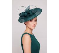 Vellin Women's Large Disc Fascinator Hat with Looped Bow & Feather Detail in Green