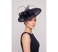 Vellin Women's Large Disc Fascinator Hat with Looped Bow & Feather Detail in Navy Vellin Navy One Size