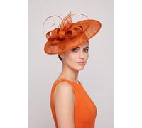 Vellin Women's Large Disc Fascinator Hat with Looped Bow & Feather Detail in Orange