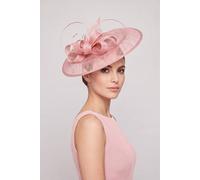 Vellin Women's Large Disc Fascinator Hat with Looped Bow & Feather Detail in Pink