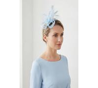 Vellin Women's Looped Sinamay Bow Fascinator with Feather & Net Detail in Baby Blue
