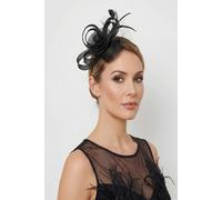 Vellin Women's Looped Sinamay Bow Fascinator with Feather & Net Detail in Black