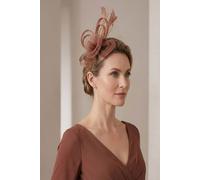 Vellin Women's Looped Sinamay Bow Fascinator with Feather & Net Detail in Brown