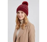Vellin Women's Pom Pom Hat with Colourful Cross Stitch Detail in Maroon