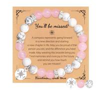 Vellivar Natural Stone Bracelet, Leaving Gifts for Colleagues Women Retirement Gifts Good Luck Bracelet with You Will Be Missed Card, Pink White Bead Bracelets Healing Anxiety Bracelet with Compass