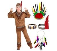 Velmawig VL011-L Native American Costume for Children, Girls, Boys, Top Trousers with Accessories, Carnival Costume, Native American, Children's Cosplay Outfit with Headpiece, Choker Necklace for