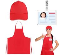 Velmitten 3 Pcs Halloween Employee Costume Kit Red Apron with Hat and Clear ID Card Holder Adjustable Chef Costume Kitchen Apron for Halloween Cosplay Cooking Crafting BBQ Drawing