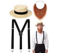 Velmitten 3pcs Halloween Amish Costume for Men Straw Flat Top Hat Fake Beard Y-shape Suspenders for Classic Amish Cosplay Party Thanksgiving Pilgrim Colonial Cosplay Set