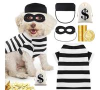 Velmitten Dogs Robber Costume for Pets Halloween Robber Puppy Costume Set, Pooch Shirts Washable Dog Hat Thief Eye Mask Money Sacks Bag 20 Pcs Plastic Gold Coin for Pup Cosplay Party (S)