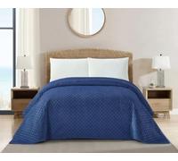 Velmoire Velvet Quilted Bedspread, King Size, Navy Blue, Luxury Throw