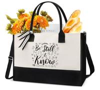 VeloKomo Christian Canvas Tote Bag - Bible Verse Gifts Bags Be Still and Know Bible Floral Canvas Bags Beach Bag with Zipper Gifts Personalized Inspirational Present for Women Birthday Thanksgiving