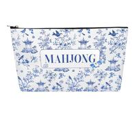 VeloKomo Empty Mahjong Tile Bag - Waterproof Blue Printed Storage Bags with Zipper for Standard Size American Mahj Pouch Chinese Style Accessories New Year Birthday Gifts for Lover Player Friend