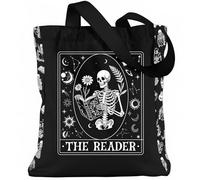 VeloKomo Goth Canvas Tote Bag - Reusable Skull Reading Totes with Zipper and Pocket Grocery Handbag for Travel Shopping Work Gym Christmas New Year Birthday Gift for Mom Girls Friends Sister Wife