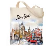 VeloKomo London Canvas Tote Bag - Lightweight City Travel Souvenir Gifts Reusable Abroad Totes Trip Lovers Essentials Souvenirs Gift for Women Girl London UK Lover Grocery Shoulder Bags Cotton Handbag